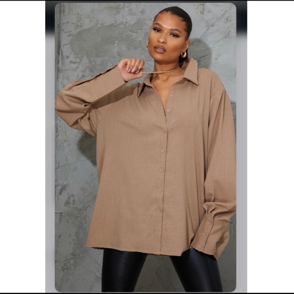 PrettyLittleThing Tops - BRAND NEW- Mocha Oversized Cuff Shirt -PrettyLittle Thing